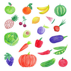 Colorful pencil hand drawn vegetables, fruits illustration set 
