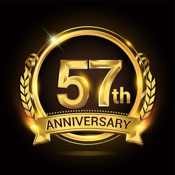 57th golden anniversary logo, 57 years anniversary celebration with ring and ribbon, Golden anniversary laurel wreath design.