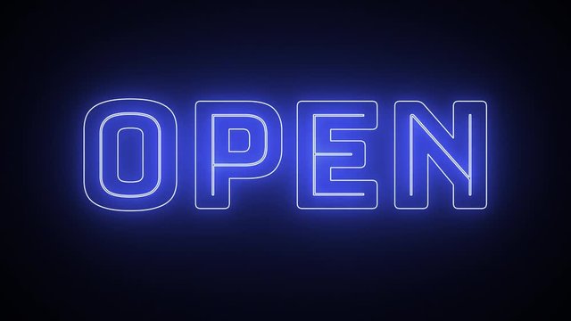 blue open neon sign flickering on dark background animation 4k