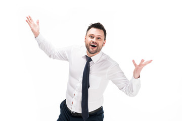 happy overweight man in tight formal wear looking at camera and gesturing with hands isolated on white