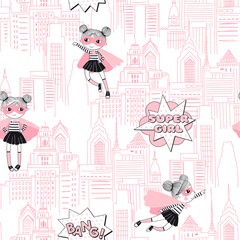 Supergirls cartoon characters in the city fly and stand on buildings. Girlish Superhero themed seamless pattern. Vector doodle graphics. Perfect for little girl design like t-shirt textile fabric © AngellozOlga