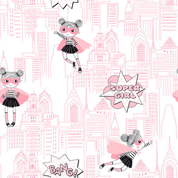 Supergirls cartoon characters in the city fly and stand on buildings. Girlish Superhero themed seamless pattern. Vector doodle graphics. Perfect for little girl design like t-shirt textile fabric