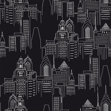 Modern New York city scape in black white colours. Vector doodle graphics. Perfect for design like t-shirt textile fabric print birtday party wrapping paper scrapbook