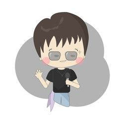 Cute boy holding karaoke microphone waving and smile.