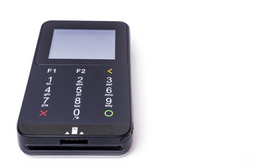 Pos terminal on a white background. Banking equipment. Acquiring. Acceptance of bank credit cards. Contactless payment.