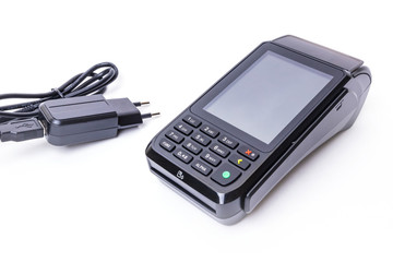 Pos terminal on a white background. Banking equipment. Acquiring. Acceptance of bank credit cards. Contactless payment.