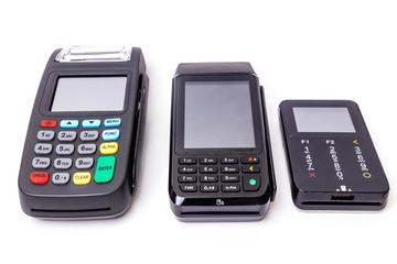 Different models Pos terminals on a white background. Banking equipment. Acquiring. Acceptance of bank credit cards. Contactless payment.