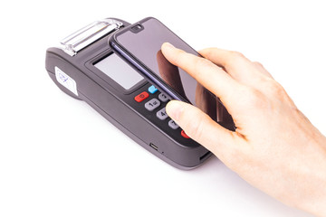 Pos terminal and hand with a smartphone on a white background. Banking equipment. Acquiring. Acceptance of bank credit cards. Contactless payment.