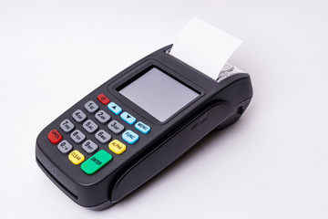 Obraz premium Pos terminal on a white background. Banking equipment. Acquiring. Acceptance of bank credit cards. Contactless payment.