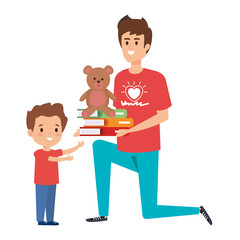 man volunteer giving a boy books and bear teddy