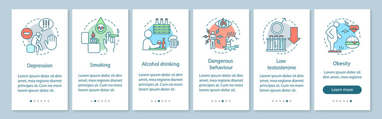 Men's health risks factors onboarding mobile app page screen vector template