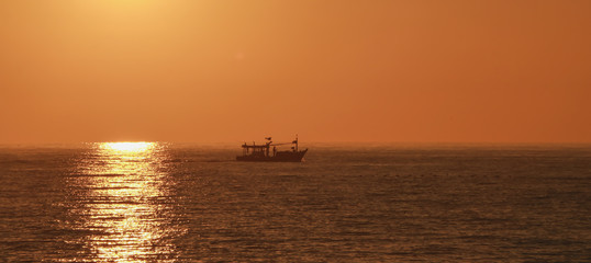 The fisherman's boat is sailing in the sea at sunset.