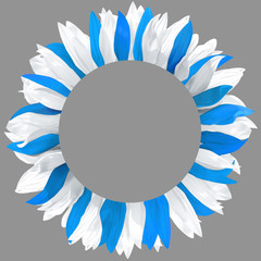 Circle frame, decorated with petals in colors of Argentine, Uruguay flag. Wreath made of white, blue petals