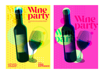 Idea for wine event. Illustration of bottle and wine glass with dotted pattern, retro 80s style, bright colors, pop art. For brochures, posters, invitations or banners.