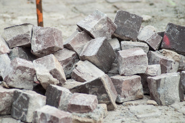 closeup of stoned cobbles for road paving construction