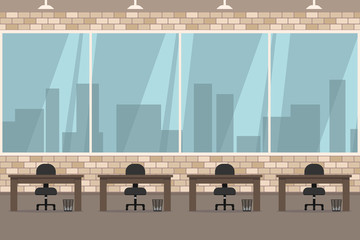 Office workspace with brick wall and panoramic window. Vector illustration.