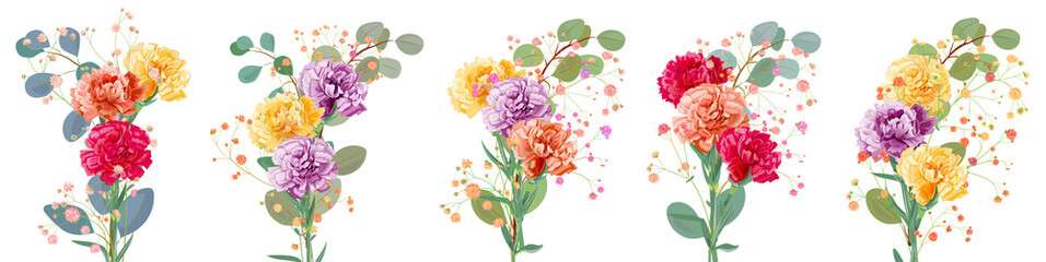 Fototapeta premium Bouquets carnation schabaud. Purple, yellow, red, orange flowers, twigs gypsophile, eucalyptus, white background. Illustration for Mother's Day, Victory day, watercolor style, panoramic view, vector