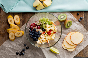 Fruit salad.  Kiwi, banan, apple. Vitamin. Top view. Diet. Dinner. Homemade
