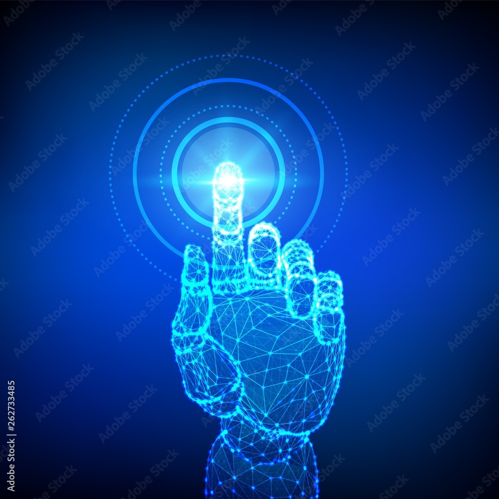 Poster robotic hand touching digital interface. virtual reality. touch the future low poly wireframe. conce