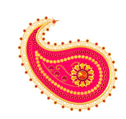 Element paisley indian cucumber. Golden tracery weaving, stylized sparkling flowers, isolated. 3d rendering
