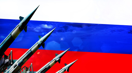 Nuclear missiles and Russia flag in background