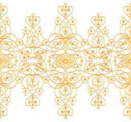 Seamless pattern. Golden textured curls. Oriental style arabesques. Brilliant lace, stylized flowers. Openwork weaving delicate, golden background.