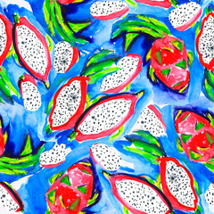Seamless pattern with  watercolor dragon fruit