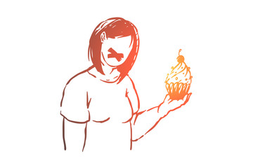 Fat lady with taped mouth, obese girl holding delicious cupcake, restriction from unhealthy food