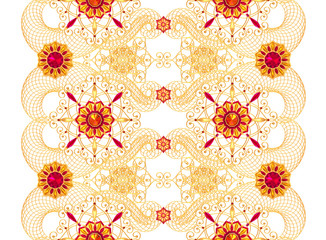 3d rendering. Golden stylized flowers, shiny curls, paisley element, seamless pattern. Oriental style arabesques. Brilliant lace. Openwork weaving delicate.