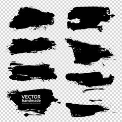 Textured abstract black ink strokes set on imitation transparent background
