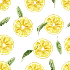 Papier Peint photo autocollant Citrons Citrons à l& 39 aquarelle avec des feuilles vertes et des tranches de citron. Modèle sans couture.