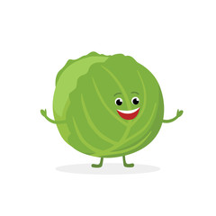 Cabbage cartoon character isolated on white background. Healthy food funny mascot vector illustration in flat design.