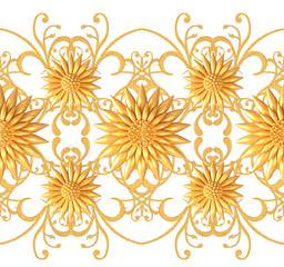 3d rendering. Golden stylized flowers, delicate shiny curls, paisley element, seamless pattern. Oriental style arabesques. Brilliant lace. Openwork weaving delicate, golden background.