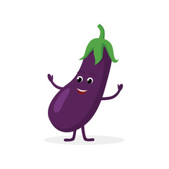 Eggplant cartoon character isolated on white background. Healthy food funny mascot vector illustration in flat design.