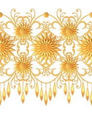 3d rendering. Golden stylized flowers, delicate shiny curls, paisley element, seamless pattern. Oriental style arabesques. Brilliant lace. Openwork weaving delicate, pendant on a chain.