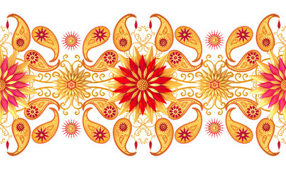 3d rendering. Golden stylized flowers, delicate shiny curls, paisley element, seamless pattern. Oriental style arabesques. Brilliant lace, Turkish, Indian cucumber.