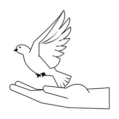 black hand with dove flying cartoon in black and white