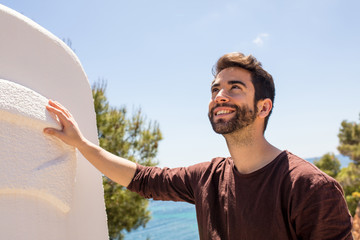 young man looking up
