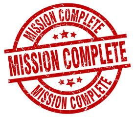 mission complete round red grunge stamp