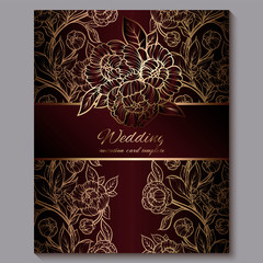 Exquisite red royal luxury wedding invitation, gold floral background with frame and place for text, lacy foliage made of roses or peonies with golden shiny gradient.