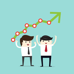 2 happy Business man with arrow graph, success investment concept.