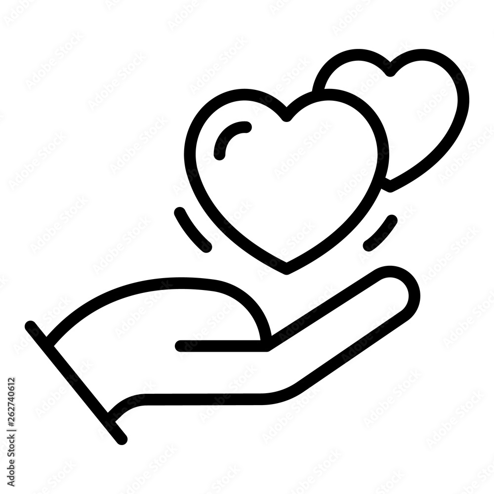 Poster two beating hearts in the palm icon. outline two beating hearts in the palm vector icon for web desi