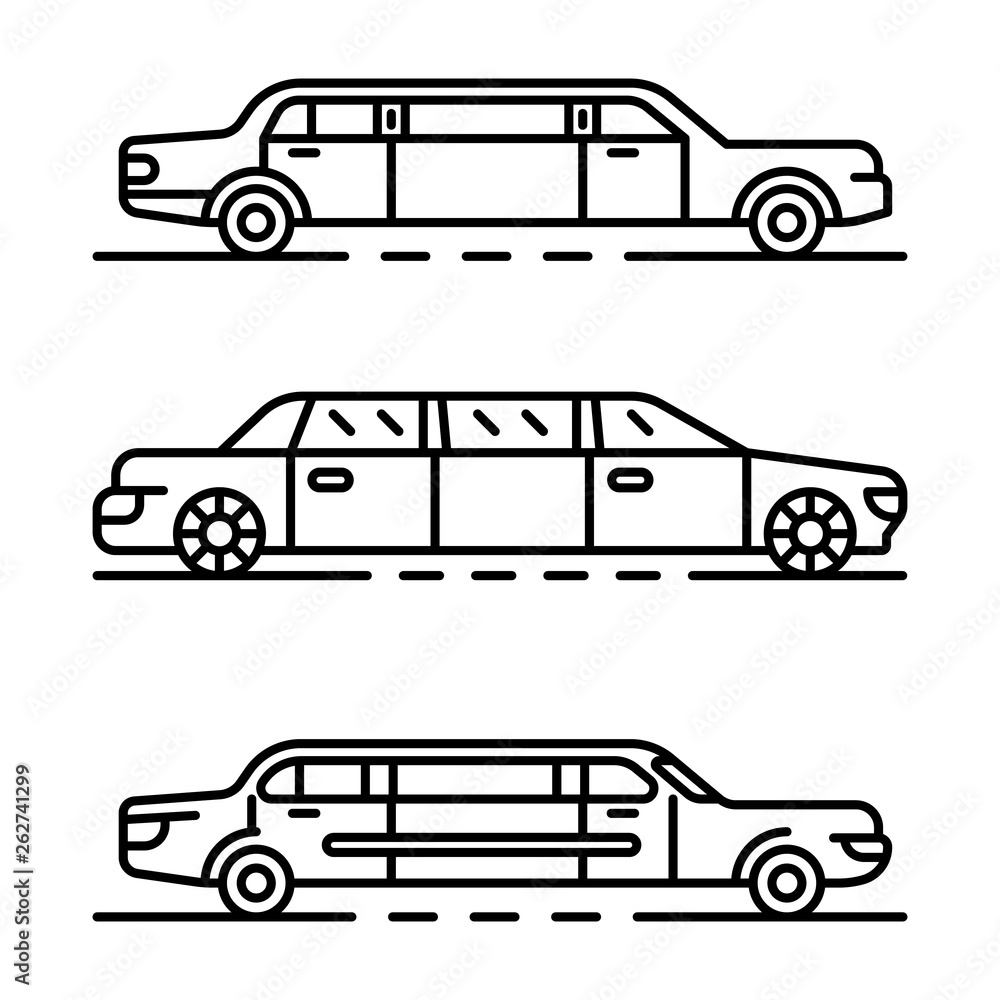 Poster limousine icons set. outline set of limousine vector icons for web design isolated on white backgrou