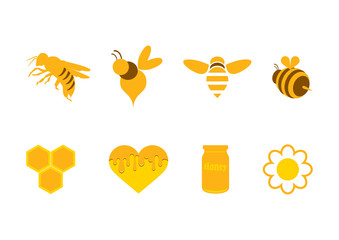 Honey simple icons set vector. Logo for beekeeping. Honey, bees, jar, flower and honey heart vector elements. Yellow honey icon isolated on a white background