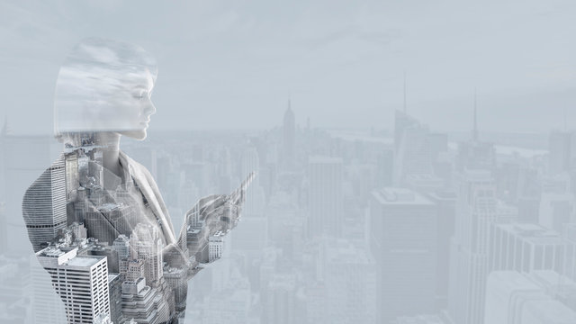 double exposure of businesswoman using smartphone and new york cityscape - Powered by Adobe
