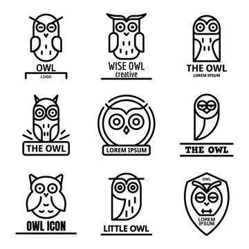 Owl logo set. Outline set of owl vector logo for web design isolated on white background