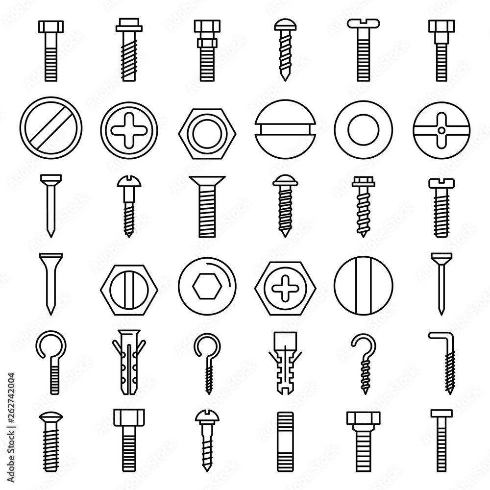 Poster screw-bolt icons set. outline set of screw-bolt vector icons for web design isolated on white backgr