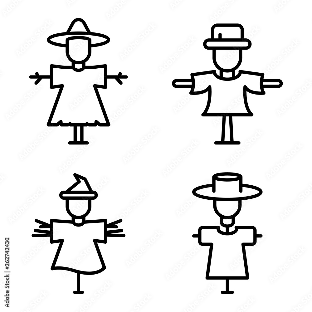 Poster scarecrow icons set. outline set of scarecrow vector icons for web design isolated on white backgrou
