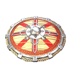 Round fantasy wooden shield with iron inserts on an isolated white background. 3d illustration