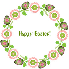 Easter wreath with hand drawn eggs and floral elements isolated on white and yellow background. Pink. Decorative frame from easter eggs with floral ornaments and watercolor spots in circle shape